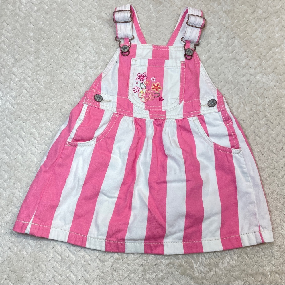 Oshkosh BGosh Y2K Pink White Stripe Dress Overalls Floral Embroidery Size 24 mos